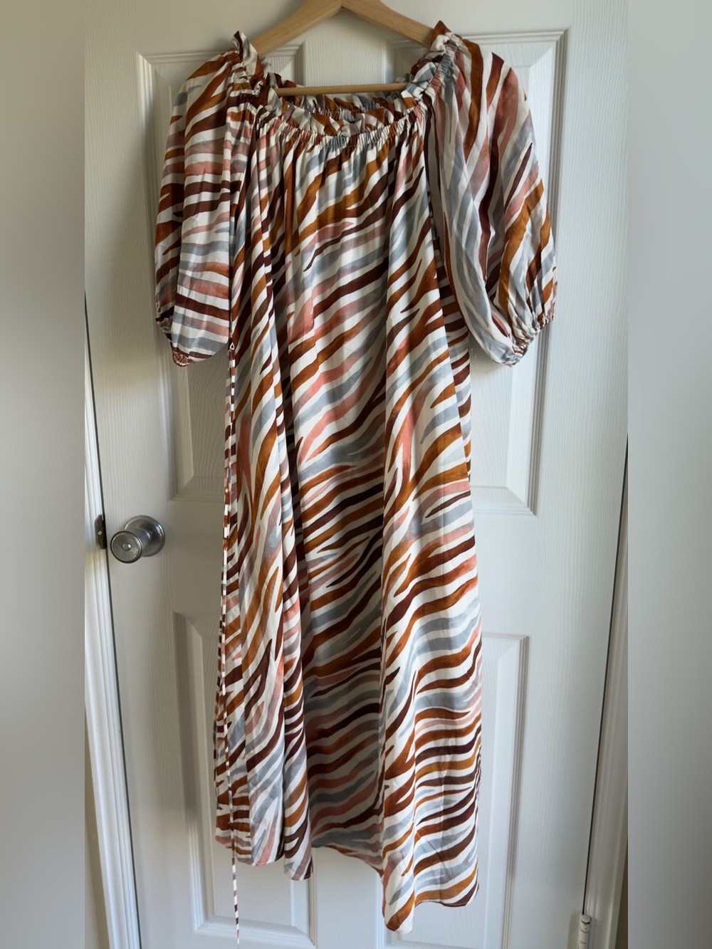 Ann Taylor Striped Off-Shoulder Maxi Dress in Rust, Pink & Gray
